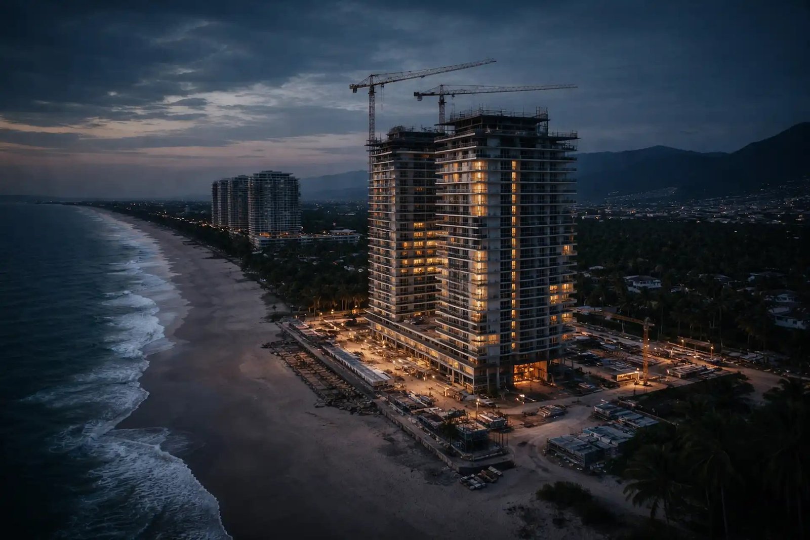 Prédio em construção com gruas ao entardecer, no litoral